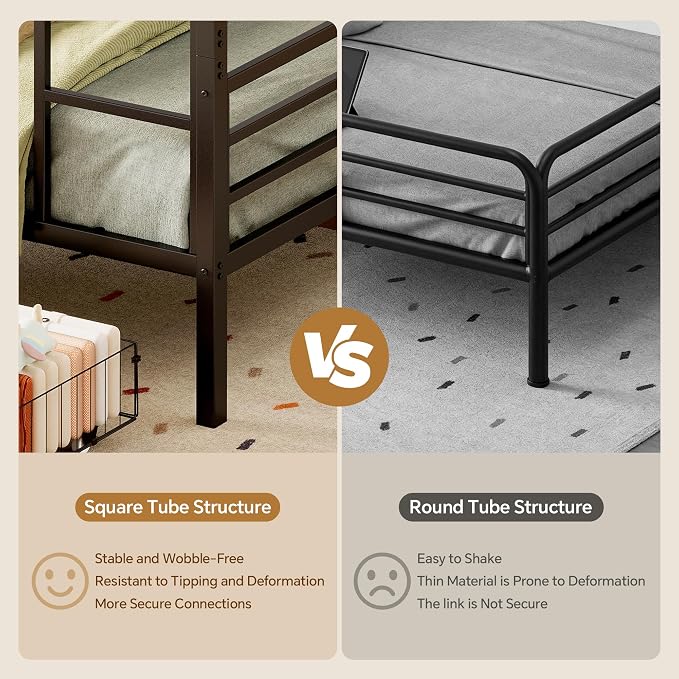 Twin Over Twin Metal Bunk Bed with 2 Rolling Under-Bed Storage Drawers | Charging Station, Stable Square Tube Frame, Converts to Separate 2 Twin Beds, Full Safety Guardrails & Ladder for Bedroom