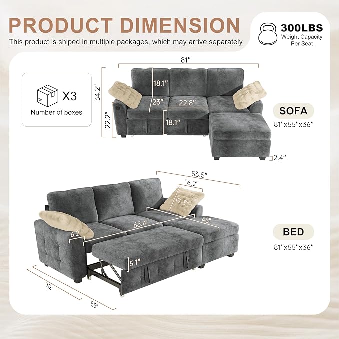 Hanherry 81" Sectional Couch with Pull Out Sofa Bed,Chenille Sleeper Sofa with Storage Ottoman & USB Charging,Comfy L Shaped Modular Couches for Living Room,Apartment