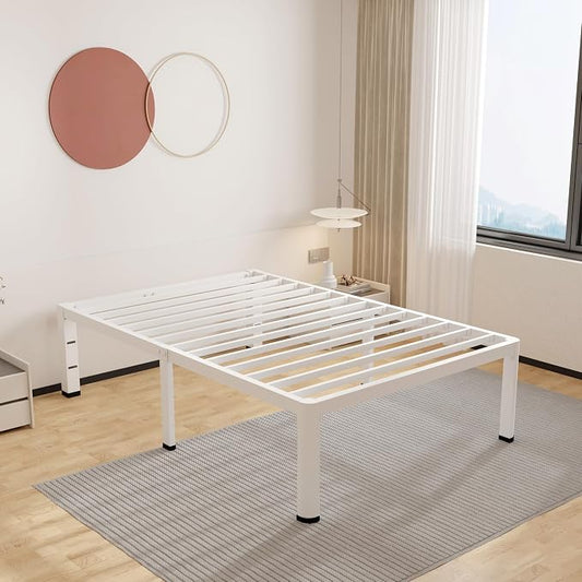 ROIL 14 Inch White Twin XL Bed Frame with Rounded Corner and Headboard Hole Mattress Retainers, 3500LBS Heavy Duty Steel Slats No Box Spring Needed Platform Noise-Free Easy Assembly