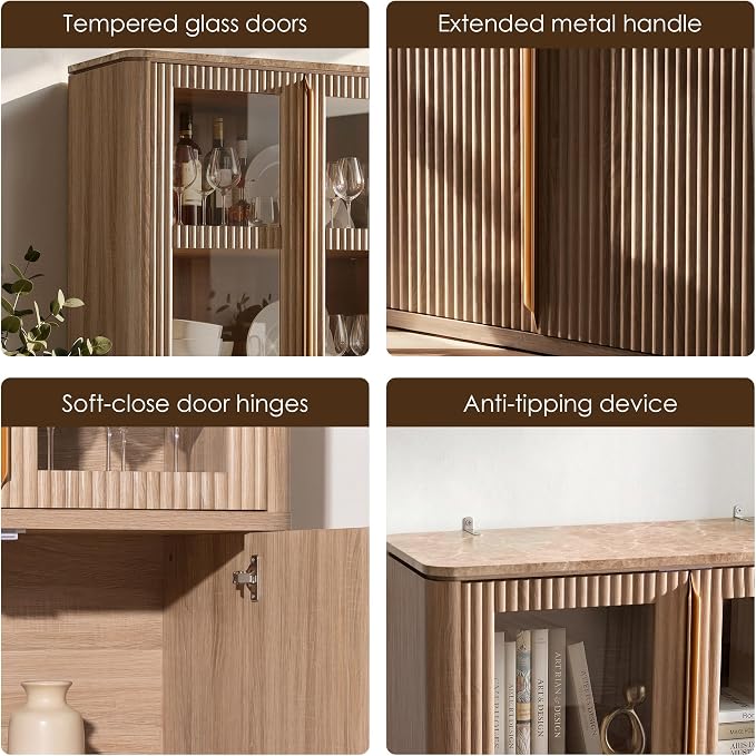 77" Tall Storage Cabinet - Fluted Pantry Cabinets with Glass Doors, Wooden Kitchen Food Cupboard, Adjustable Shelves, Modern Display Storage Closet for Living Room, Dining Room, Office, Oak 2pcs
