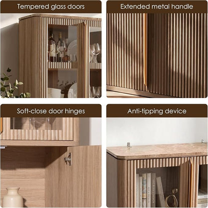 77" Tall Storage Cabinet - Fluted Pantry Cabinets with Glass Doors, Wooden Kitchen Food Cupboard, Adjustable Shelves, Modern Display Storage Closet for Living Room, Dining Room, Office, Oak 2pcs