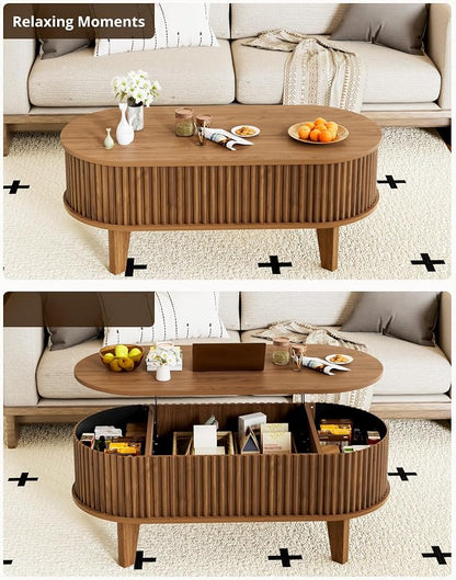 Oval Lift Top Coffee Table with Storage, 41" Wood Fluted Modern Living Room Center Table for Home Office, Walnut