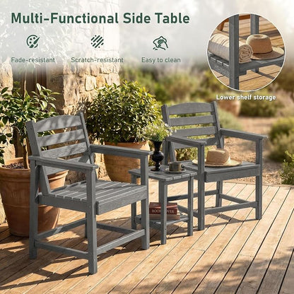 Furnimart 3-Piece Patio Bistro Set, HDPE Outdoor Chairs Set of 2 and Side Table, All-Weather Outdoor Furniture Set, Modern Conversation Sets with Coffee Table for Garden, Balcony, Porch, Grey