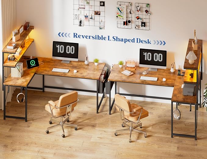 DurayLoly 53'' L Shaped Desk Gaming Desk with LED Light & 5 Power Outlet, Reversible Computer Desk with Shelves & Storage Bag & Hook for Home Office, Rustic Brown