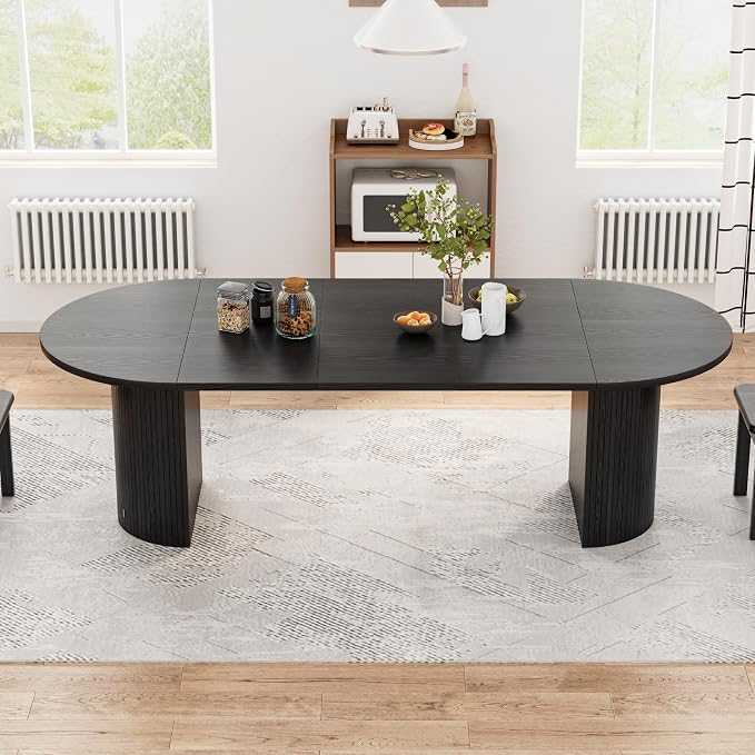 43-95 Inch Oval Extendable Dining Table for 4-10, Fluted Space Saving Long Round Kitchen Table with 3 Leaf, 2 Storage, Mid Century Modern Dining Room Dinner Table for Living Room, Black