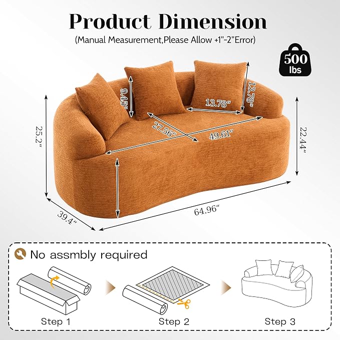 65" Curved Loveseat,Deep Seat Cloud Floor Couch with 3 Backrest,Cozy Chenille Fabric,Small Loveseat for Small Spaces,Bedroom,Office,Apartment (Orange, 65 Inch)