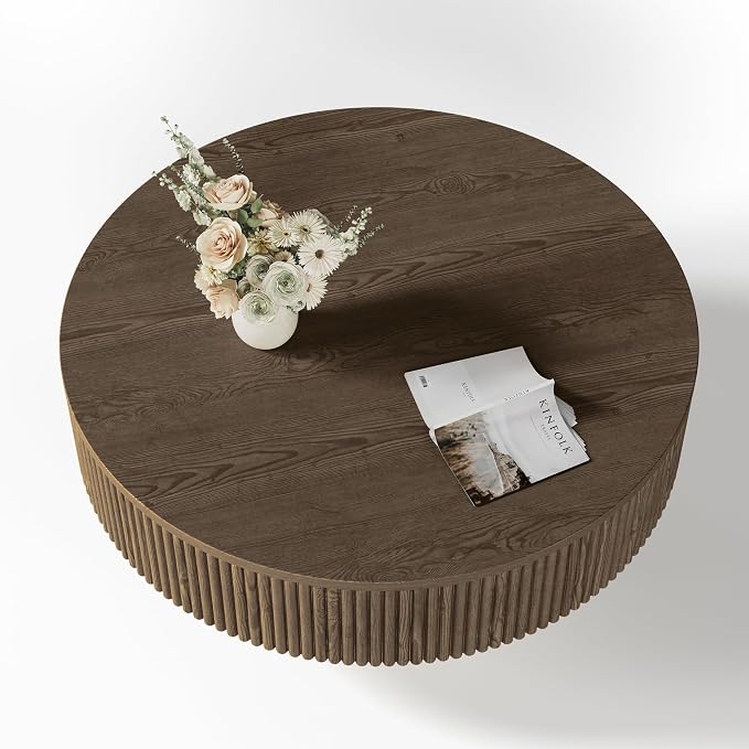 YOUDENOVA 31.5” Round Fluted Coffee Table, Modern Wood Circle Coffee Table, Veneer Handcrafted Relief Tea Table with Sturdy Pedestal for Living Room - Brown