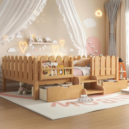 Bellemave Full Size Montessori Bed with Stairs, Lights, Rails and Slats, Full Size Montessori Floor Bed with Bookshelf and 2 Storage Drawers, Easy Assemble Beds Frame for Girls, Boys, Light Natural