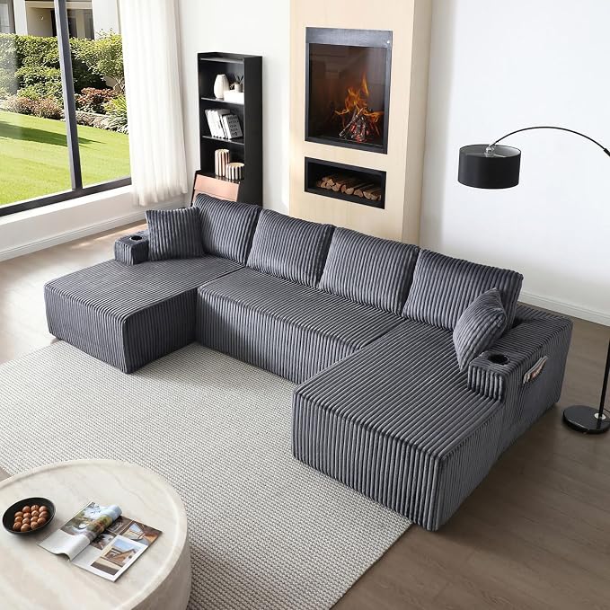 124" Modular Sectional Sleeper Sofa, Boneless Cloud Couch for Living Room, U Shaped 5 Seat Sofa with 2 Storage Pockets& 2 Cup Holders, Free Combination, No Assembly Required
