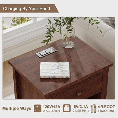 ChooChoo Farmhouse Nightstand Set of 2,Night Stand with Charging Station, Wooden Top Bedside End Table with Drawer and Storage Space for Bedroom, Walnut