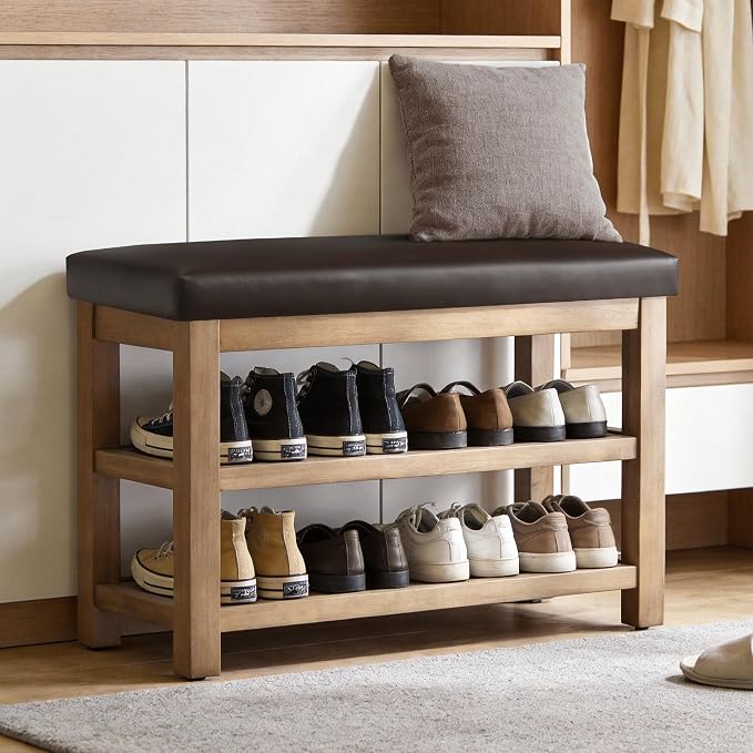 Zihanhome Shoe Rack Bench with Leather Cushion, 2 Tier Solid Wood Storage Bench, Mid-Century Modern Shoe Bench for Entryway, Hallway, Closet, Front Door Entrance, Foyer (Dark Brown, 31.5)