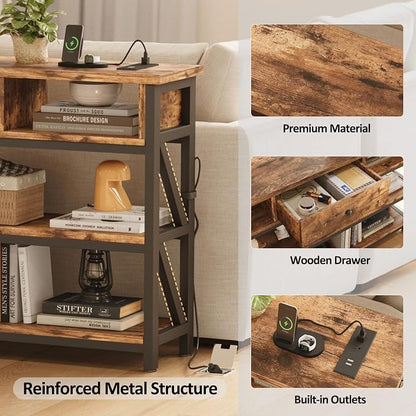 Mexin Console Table with Outlets and USB Ports, Entryway Table with Drawer Storage Shelves, Industrial Wood Hallway Sofa Table for Living Room, Couch, Foyer, Kitchen Counter, 39 Inch, Vintage Brown