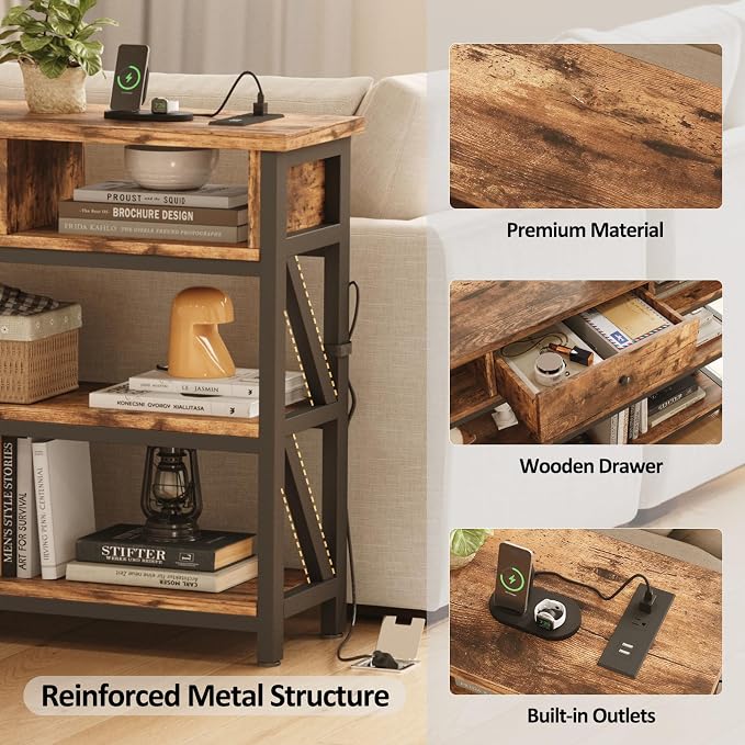 Mexin 47 Inch Console Table with 2 Outlet and 2 USB Ports, Entryway Table with Drawer and Storage Shelves, Narrow Sofa Table for Living Room and Hallway, Vintage Brown