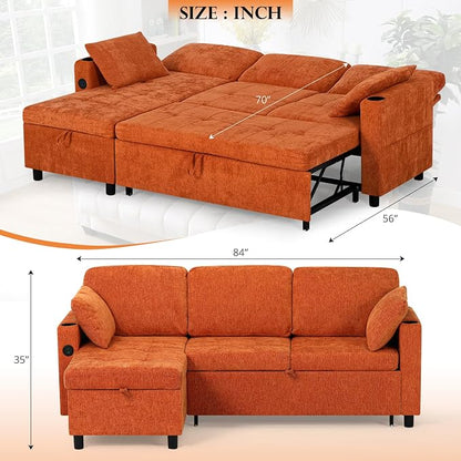 84 Inch Sleeper Sofa Bed w/7 Angles Adjustable Backrests, Chenille sectional Sofa Bed w/USB Port, Convertible L-Shaped Couch Bed w/Storage Chaise & Thicker Cushions for Living Room, Orange