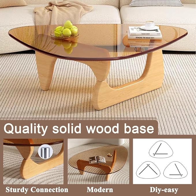 Modern Glass Coffee Table, Mid Century Coffee Table,Small Coffee Table for Living Room,Suitable for Bedroom Living Room Reception Office Tables (Wood/Brown, Small)