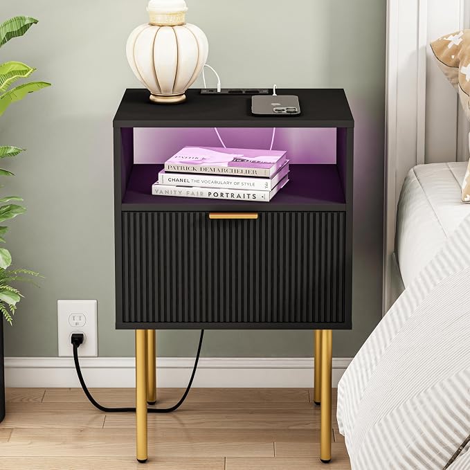 Modern Nightstand with Charging Station and LED Lights, Black Nightstand with Drawer, Fluted Nightstand for Living Room, Bedroom