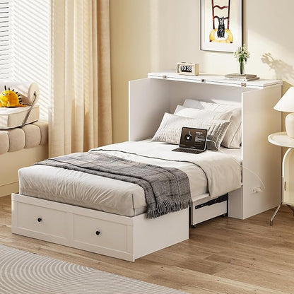 LIVAUVEAD Twin Murphy Bed with Built-in Charging Station, Space-Saving Murphy Bed Chest Twin with Drawer, Foldable, for Home Office Guest Room Bedroom White