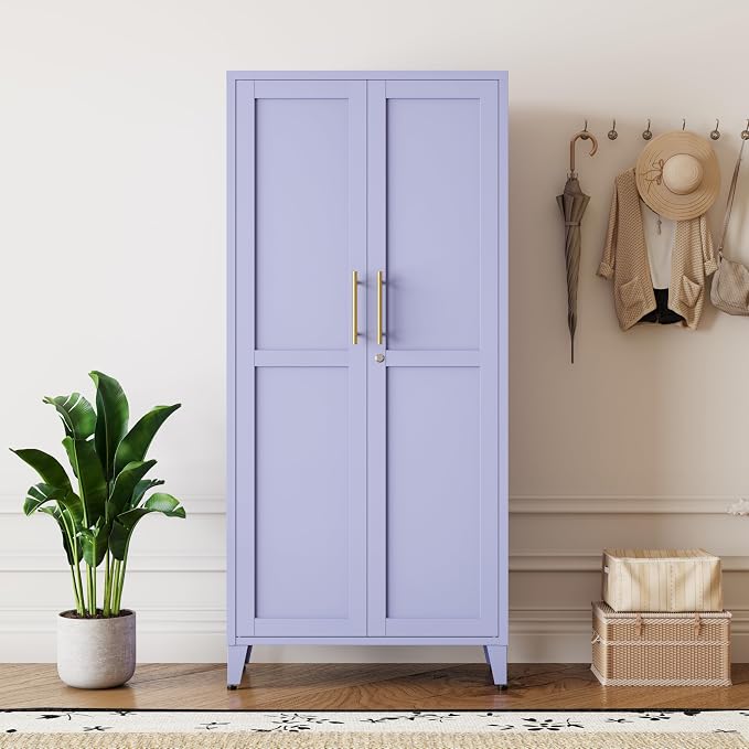 Lockable 61 Inch Tall Metal Storage Cabinet with Adjustable Shelves,4-Tier Steel Storage Locker,2-Door Metal Display Cabinet for Bedroom,Living Room, Home Office Purple