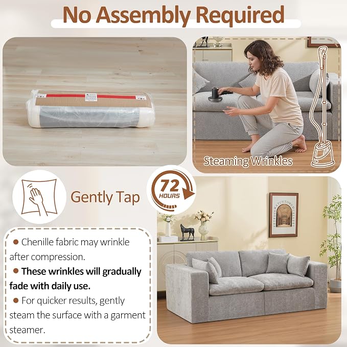 83''Cloud Boneless Sectional Couch, Modular Sectional Sofa Deep Seat, Upholstered Convertible Comfy Loveseat Chenille Memory Foam Sofa Couches for Living Room, Light Grey
