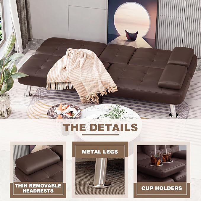 Homall Futon Sofa Bed, Leather Futon Couch with Removable Armrests, Adjustable Recliner Sleeper Sofa Bed with Dual Cup Holders for Living Room, Apartment, Office (Brown)