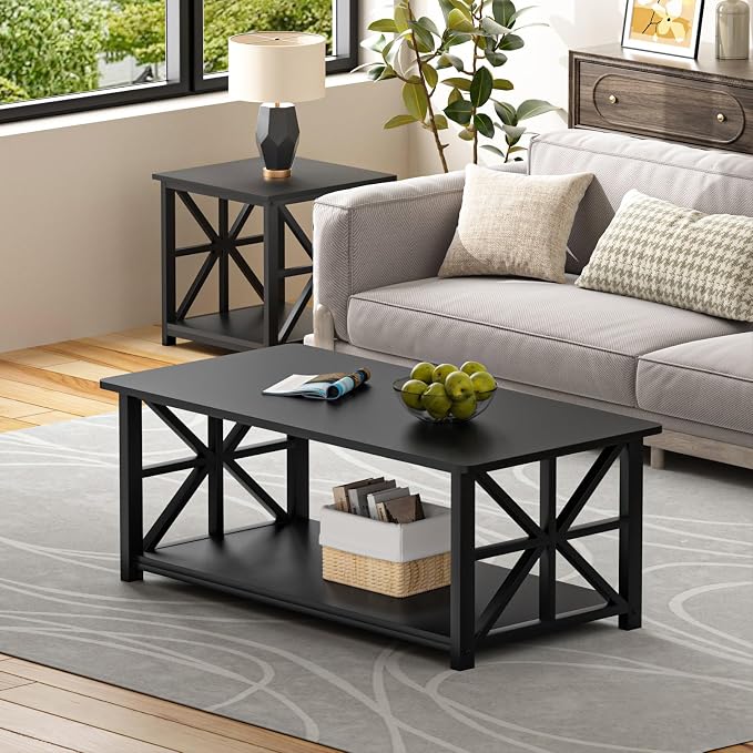 GreenForest Coffee Table for Living Room with Round Corners | Rustic Style Center Table with Storage Shelf,39 Inch X-Frame Sofa Table,Space Saving,Easy Assembly,Black