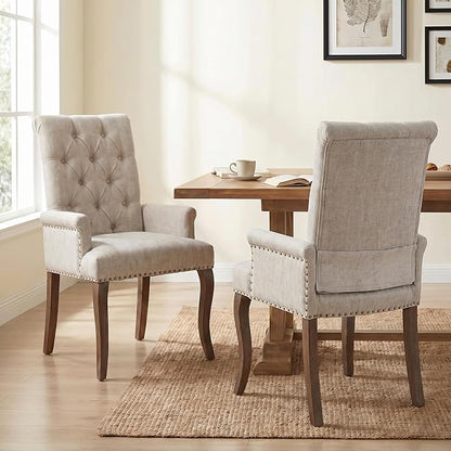 Upholstered Dining Chairs with Arms Set of 2, Greyish Beige, 2 Pack | Tufted Chenille Kitchen Chairs with Arms, Modern Farmhouse Armchair with Nailhead Trim for Dining Room, Home Office