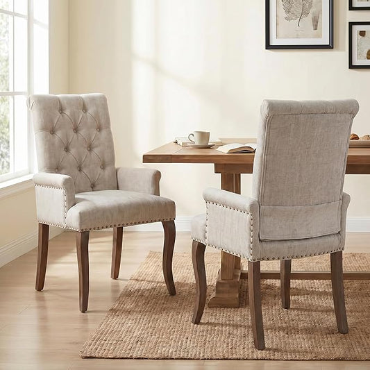 Upholstered Dining Chairs with Arms Set of 2, Greyish Beige, 2 Pack | Tufted Chenille Kitchen Chairs with Arms, Modern Farmhouse Armchair with Nailhead Trim for Dining Room, Home Office
