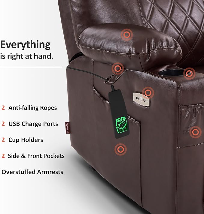 MCombo Small Power Lift Recliner Chair Sofa with Massage and Dual Heating, Adjustable Headrest for Elderly People Petite, USB Ports, Faux Leather 7111 (Dark Brown)