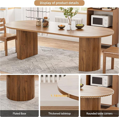 43-95 Inch Oval Extendable Dining Table Set for 4-10, Fluted Space Saving Long Round Kitchen Table with Bench, 3 Leaf, 2 Storage, Mid Century Modern Dining Room Dinner Table for Living Room, Walnut