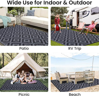 Smiry Waterproof Outdoor Rug 9x12 ft, Reversible Plastic Straw Patio Camping Rugs, Outdoor Indoor RV Mat Carpet for Patio, Outside Entry, Backyard, Deck, Bench, Picnic, Camper, Black & Grey