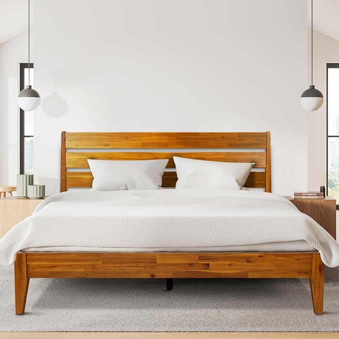 Acacia Emery Bed Frame with Headboard Solid Wood Platform Bed, Queen Size Bed Frame, Mid - Century Modern Wood Bed Compatible with All Mattresses, Easy Assembly, Non-Slip, Caramel.