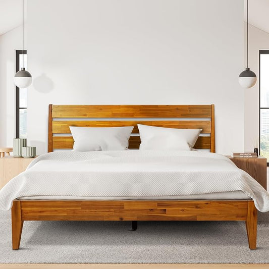 Acacia Emery Bed Frame with Headboard Solid Wood Platform Bed, Queen Size Bed Frame, Mid - Century Modern Wood Bed Compatible with All Mattresses, Easy Assembly, Non-Slip, Caramel.