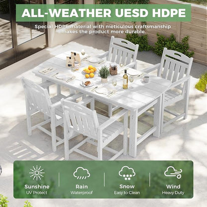 HDPE Outdoor Patio Dining Set with Table & 4 Chairs, All-Weather 5-Piece Outdoor Table and Chairs, 2" Umbrella Hole, Patio Furniture for Garden, Backyard, Deck | White