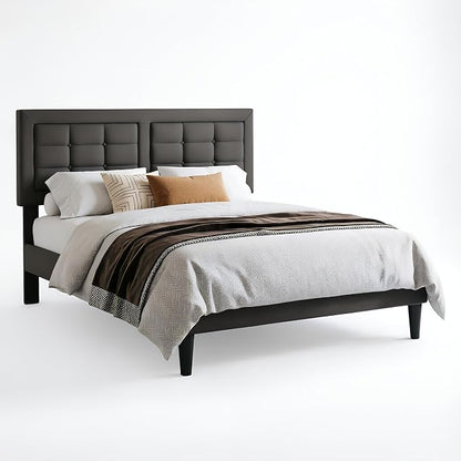 VECELO Queen Size Bed Frame, Adjustable Upholstered Button Tufted Headboard, Heavy-Duty Bedframe with Wood Slats Support, No Box Spring Needed, Linen & Dark Grey