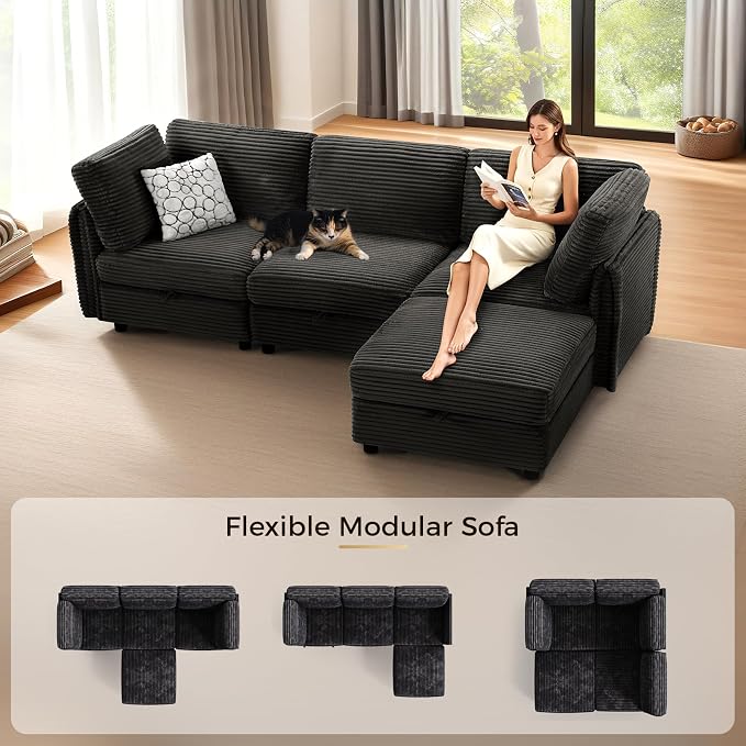 KKL Modular Sectional Sofa L-Shaped 4 Seater Couch with Storage Ottoman, Plush Wide-Wale Corduroy Couch for Living Room, Apartment, Modern Design, Black