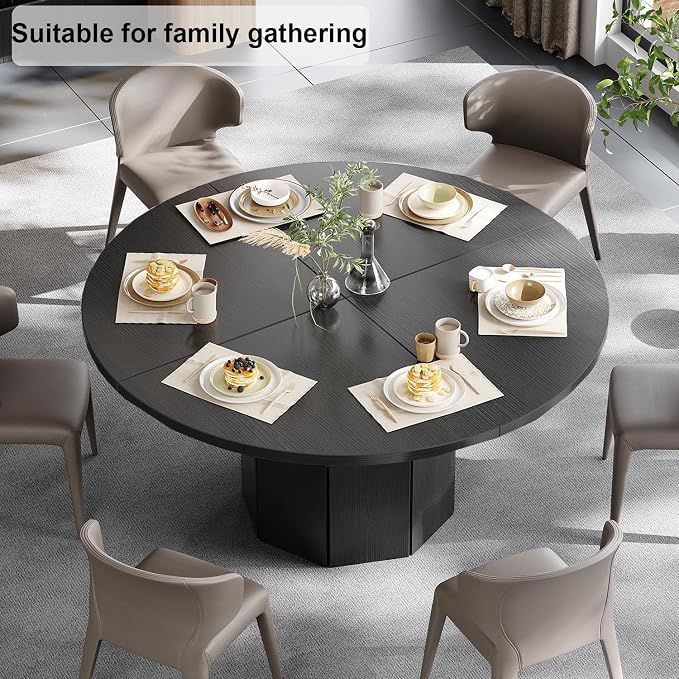 HSH Black Round Dining Table, 47” Modern Dinner Table only for 4-6 People, Modern Circle Kitchen Table for Home Living Room, Wood and Metal Dining Room Desk with Octagon Base, Black Oak, 47 Inch