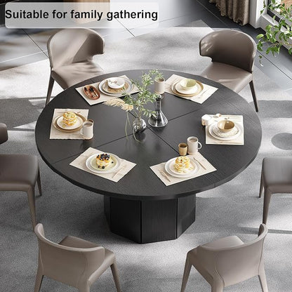 HSH Black Round Dining Table, 47” Modern Dinner Table only for 4-6 People, Modern Circle Kitchen Table for Home Living Room, Wood and Metal Dining Room Desk with Octagon Base, Black Oak, 47 Inch