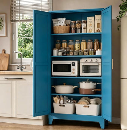 71”H Metal Kitchen Pantry Cabinet, Pantry Cabinets with 2 Doors and 4 Shelves, Kitchen Cabinet for Kitchen, Dining Room, Living Room and Bathroom, Blue