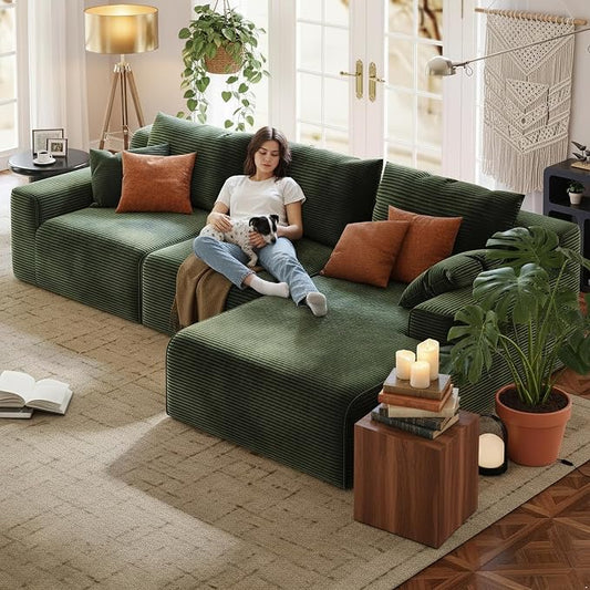 Homkdom 98" Boneless Couches for Living Room, L-Shape Modular Sectional Sofa with Deep Seat Oversized Right Facing Chaise, Cloud Couch for Apartment, Small Space (Green)