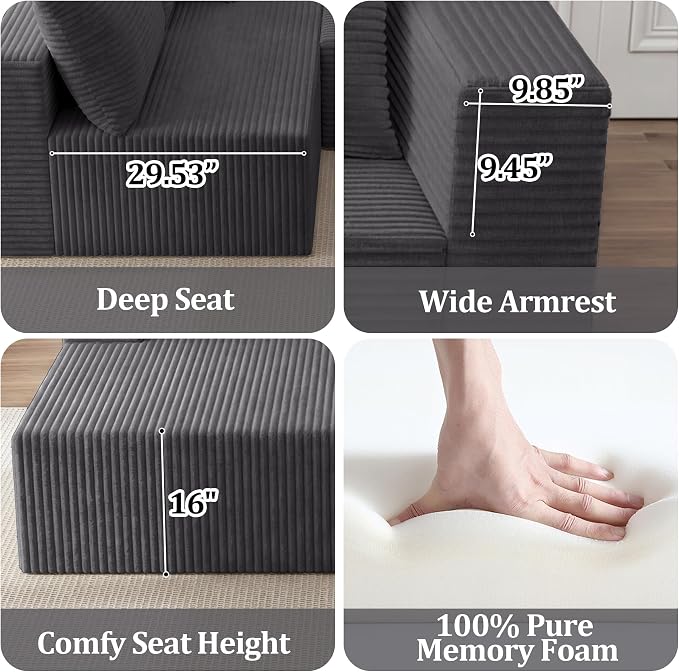 108" Modular Sectional Sofa,L-Shaped Cloud Couch with Deep Seats & Chaise,Convertible Corduroy Boneless Couches for Living Room,Bedroom,No-Assembly,Grey(Left Facing Chaise)