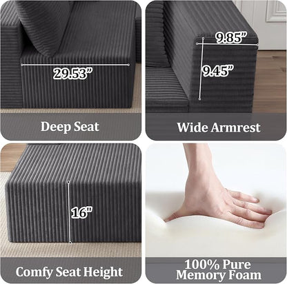108" Modular Sectional Sofa,L-Shaped Cloud Couch with Deep Seats & Chaise,Convertible 4-in-1 Corduroy Boneless Couches for Living Room,Bedroom,No Need Assembly,Grey(Right Facing Chaise)