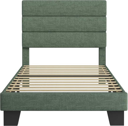 Allewie Twin Size Platform Bed Frame with Fabric Upholstered Headboard and Wooden Slats Support, Fully Upholstered Mattress Foundation/No Box Spring Needed/Easy Assembly, Green