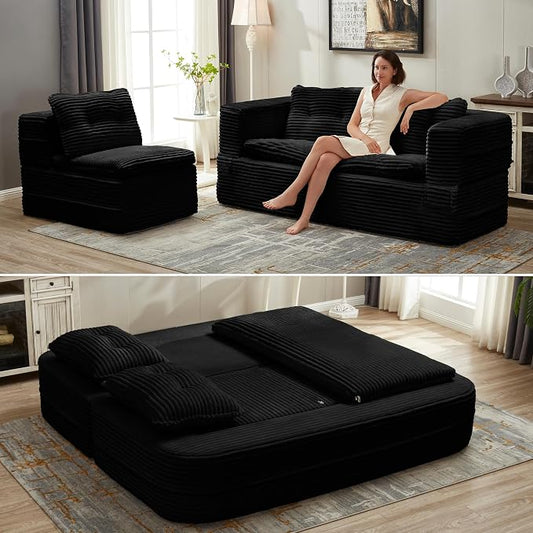 80'' Futon Sofa Bed, King Size Foldable Sleeper Sofa, Corduroy Boneless Loveseat Couch with Chaise Lounge, 3 Pillows, Blanket, Upholstered Sectional Couches for Living Room, Bedroom, Black