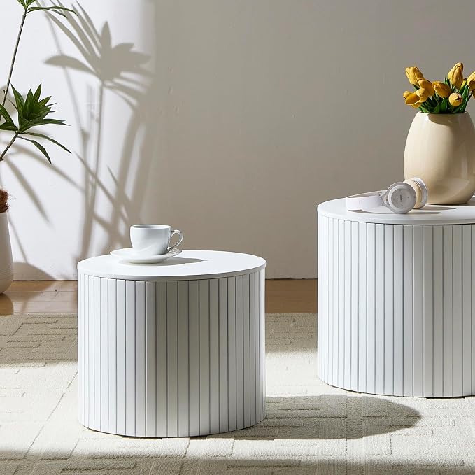 Nesting Coffee Tables Set of 2, Wooden Round Fluted Coffee Tables with Storage, Accent Drum Side Table, Luxury Modern Circle End Table for Small Spaces Living Room Bedroom Balcony Office, White