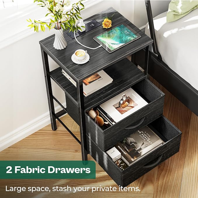 Huuger Nightstand with Charging Station, Fabric Drawers, End Table with Open Shelf, Bedside Table with USB Ports and Outlets, Night Stand for Bedroom, Charcoal Black Wood Grain Print
