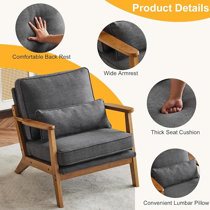 Karl home Mid-Century Lounge Accent Chair, Gray | Wide Curved Armrest, Linen Fabric, Lumbar Pillow Included, Solid Wood Frame, For Living Room, Bedroom, Balcony, Apartment