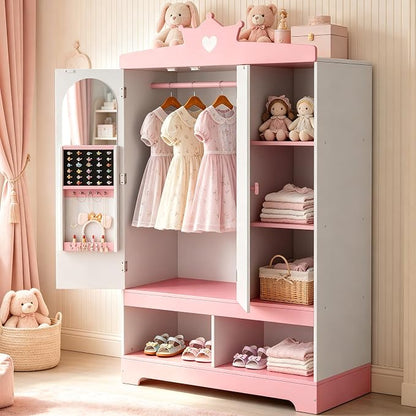 Kids Dress Up Storage with Hidden Jewelry Armoire, Wooden Princess Pretend Play Closet Wardobe Center with Mirror, Toddler Armoire Organizer with Hanging Area & Shoe Cubbies, Pink/White