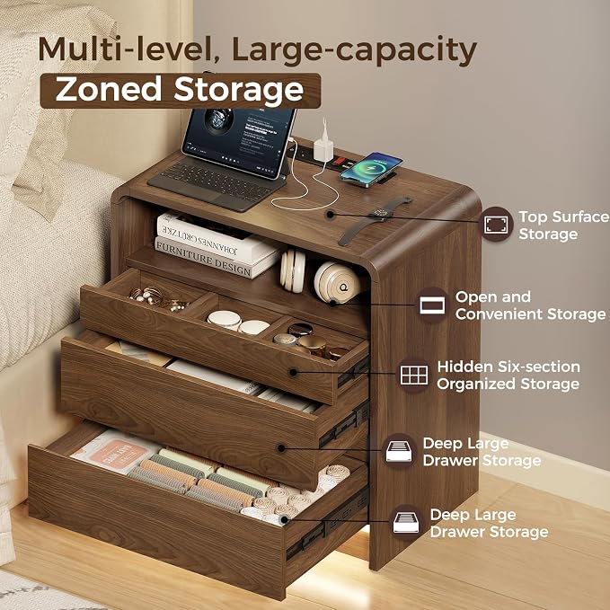 Messenya Mid Century Modern Nightstand with Drawer Organizer for Bedroom | Top Soft Close Drawer of 23.6'' Bedside Table with 6 Compartments, Motion Sensor LED Light, Charging Station, Walnut Finish
