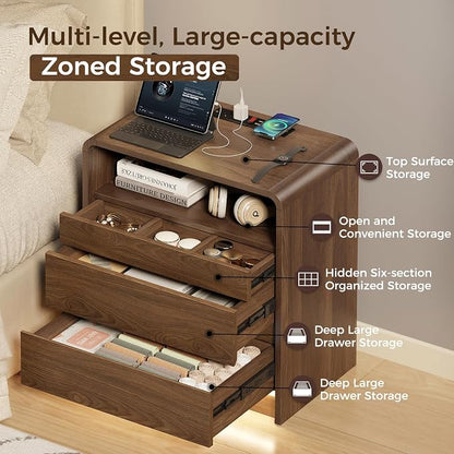 Messenya Mid Century Modern Nightstand with Drawer Organizer for Bedroom | Top Soft Close Drawer of 23.6'' Bedside Table with 6 Compartments, Motion Sensor LED Light, Charging Station, Walnut Finish