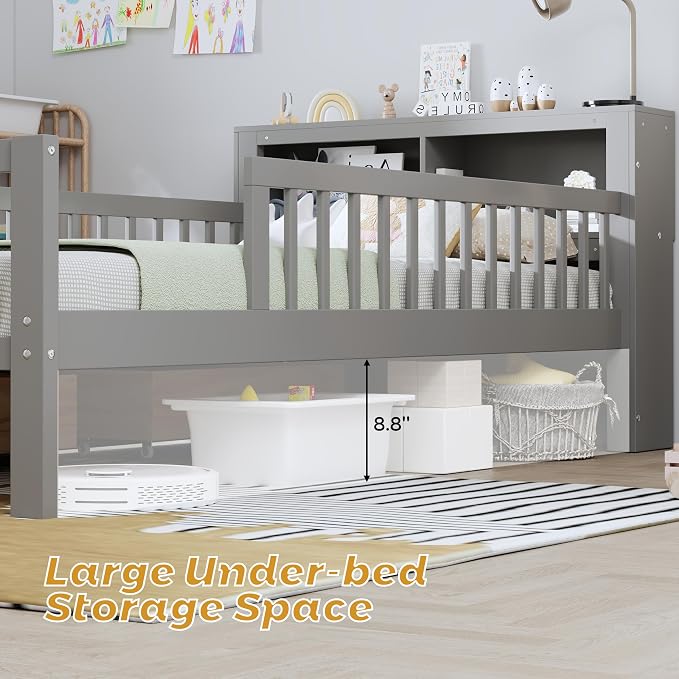 Kids Twin Size Bed Frame with Storage Drawers and Bookcase,Wood Twin Bed Frames for Kids,Twin Bed Frame with Headboard and Footboard for Boys Girls,No Box Spring Needed,Gray